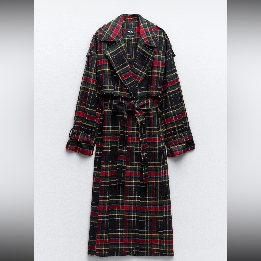 Zara Long checkered felt textured trench coat